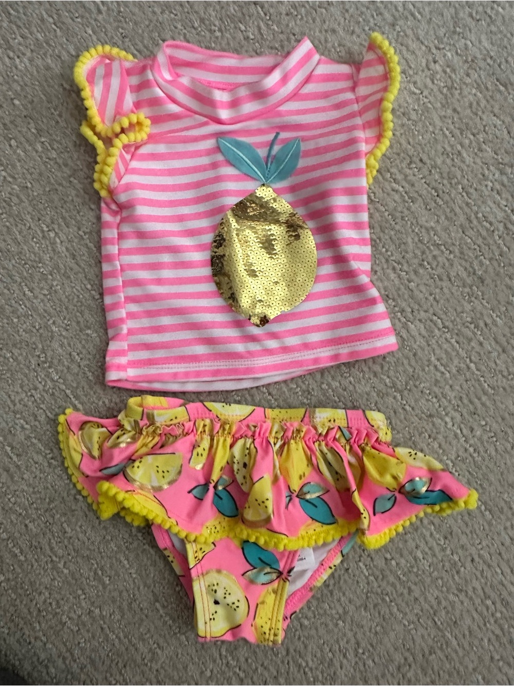 Unbranded Pink & Yellow Lemon Stripe Kids Two-Piece Swim Set